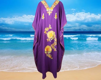 Womens Maxi Caftan Dress, Floral Purple Caftan, Embroidered dress, Travel Maxi Dresses, Beach Maxi Dress, Cotton Long Kaftan Dresses, L-3X