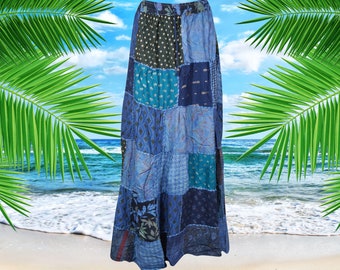 Womens Maxi Skirt, Blue Boho Hippie Festival PATCHWORK Vintage Retro Maxi Flared Skirts, Casual Comfy SKIRT S/M/L