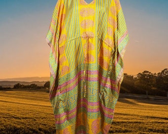 Boho Beach Kaftan, Yellow, Green Floral Caftan, Silk Kaftan, Housedress, Beach Coverup, Summer Boho Caftan, Resort, Cruise Caftan L-2X