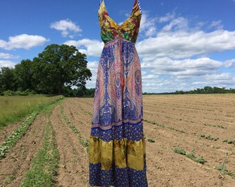 Womens Boho Maxi dress, Strap Maxi, Sundress, Handmade, Blue Paisley Recycled Silk Summer Dresses, Beach Maxi, Fall Maxi Dress S/M