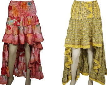 Peasant 2pc Hi Low Skirt Recycled Vintage Sari Gypsy Fashion Long Ruffle Flirty Flare Summer Skirts S/M