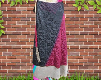 Womens Maxi Silk Wrap skirt, Gray Pink Reversible Lightweight Floaty Double layer skirt, Beach Long Skirts, One size