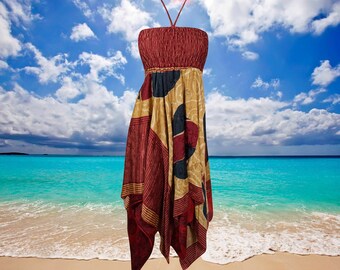Womens Boho Sundress, Halter Dresses, Purple Beige Summer Dress, Printed Handkerchief Hem Upcycled Silk Sari Beach Halter Dress S/M
