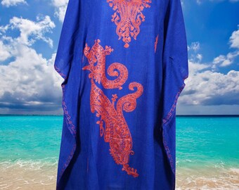 Womens Royal Blue Caftan Dress, Embroidered, Cruise Kaftan Short Dress Floral Caftan Party Wear Crepe Boho Kaftan, L-2X