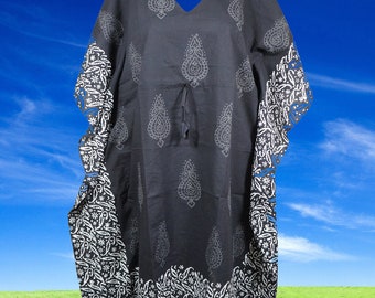 Womens Kaftan Midi Dress, Black Printed Kimono Beach Caftan  Short Cotton Dress Summer, Kaftan Dress, Beach, Coverup, Dresses One size