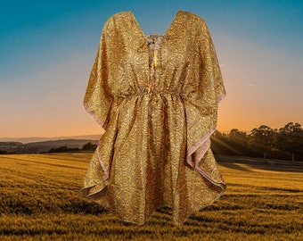 Womens Short Beach Caftan Dress, Holiday Fashion Copper Printed Kaftan M-XL One Size