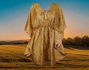 Womens Short Beach Caftan Dress, Holiday Fashion Copper Printed Kaftan M-XL One Size