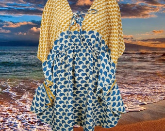Womens Summer Caftan Short Dress, Cruise Recycle Sari Dresses, Blue Yellow Paisley Print Kaftan, Travel Summer Beach Dress, M-XL One Size