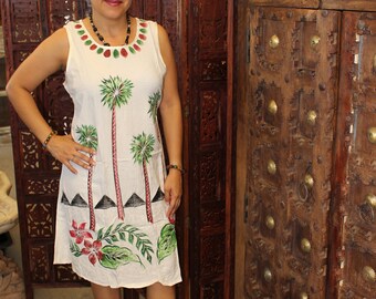 Bohemian Gypsy Chic Sleeveless Dress White Round Neckline Summer Fashion Tank Dress M