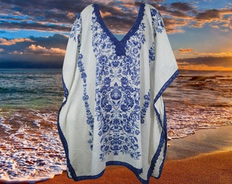 Oversized Summer Beach Cover up Kaftan, Blue White Floral Print Caftan, Resort Wear, Cruise  Short Dresses S/M