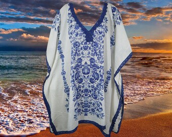 Oversized Summer Beach Cover up Kaftan, Blue White Floral Print Caftan, Resort Wear, Cruise  Short Dresses S/M