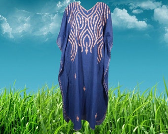 Women's Kaftan Maxi Dress, Blue Boho Summer Maxi Dress, Beach holidays, Lounger, Cotton Embroidered Caftans, Oversize L-2XL One Size