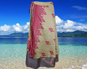 Womens Beach Long Wrap Skirt, 2 Layer Skirts, Pink Off White Printed Sari Skirt, Beach Wear, Valentine gift, Reversible Wrap Skirts One Size