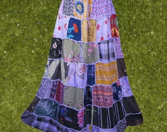 Womens Dori Maxi Skirt, Purple Patchwork Hippie Long Skirts, Elastic Waist, Skirt Handmade, house dress Hippe, Midi Skirts S/M/L