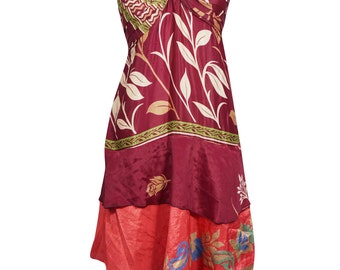 Womens  Layered Boho Recycled Sari Printed Sundress, Spaghetti Strap Beach Dress, Purple Red Floral Dress SM