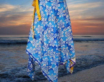 Womens Wrap Skirt, Blue Floral Skirt, Uneven Hem Bohemian Clothing, Beach Cover Up, Silk Sari Magic Wrap Around Short Skirts One size