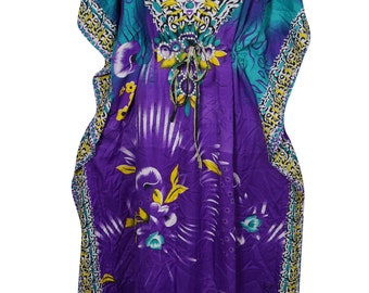 Bohemian Womens Purple Kimono Caftan Printed Beach Bikini Cover Up Resort Wear Maxi Dress