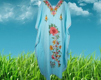 Womens Kaftan Maxidress, Travel Maxi Dresses, Arctic Blue Embroidered Caftan Dresses, Loose Flowy Dressy Caftan Dress One Size L-2XL