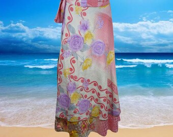 Womens Maxi Wrap Skirts, "Main Attraction" Vintage Silk Skirt, Pink Printed Wrap Sari Skirts, Hippie Boho Beach Skirts One size