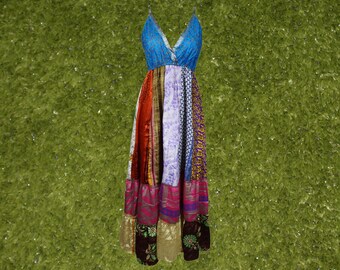 Womens Upcycle Silk Maxi Dress, Beach Maxidress, Flowy Dresses, Multicolor Bohemian Strapdress, Fall Fashion Handmade Dresses S/M