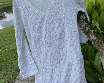 Womens Tunic Shirt Dress, White Sequin Embroidered Cotton Beach Festival Tunic S