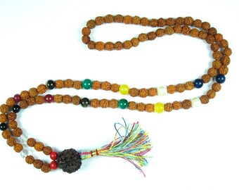 Earthing Healing Chakra Mala beads, 9 planet Japamala, Nine Stone tassel necklace, 108 Beads Mala, Rudraksha Protection Beads