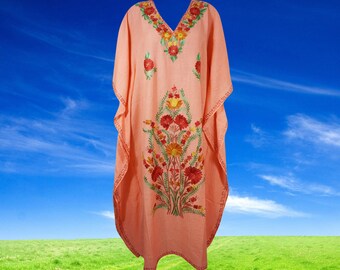 Womens Embroidered Kaftan Long Dress, Oversize Handmade Dress, Coral Peach Floral Embroidery Caftan Maxi Dress, Gift One Size L-2XL