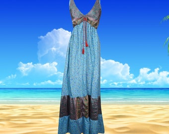 Womens Boho Maxi Dress, Blue Strapdress, Recycle Silk Handmade Dresses, Ibiza Summer SKYBLUE Beach Maxidress S/M/L