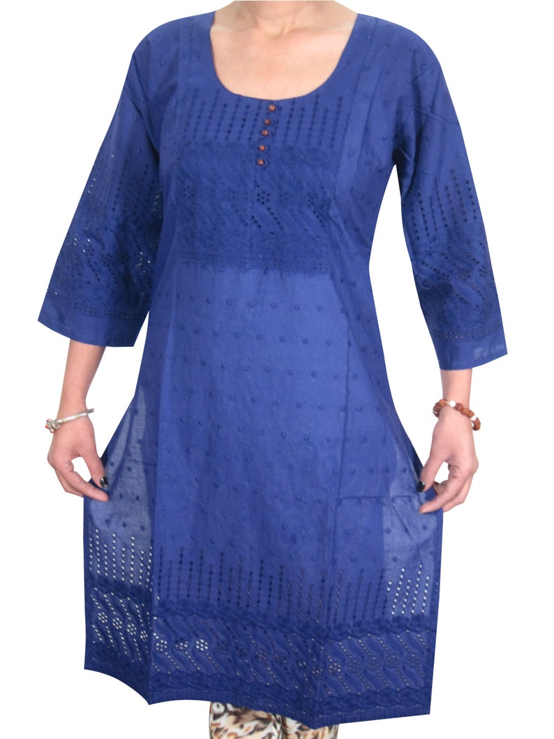 boho Gypsy Chic Womens Blue Kurti Designer Embroidered Long Sleeves Indian Tunic Dress M