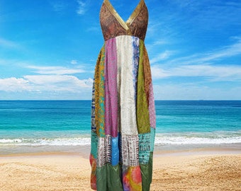 Womens Beach Maxidress, Flowy Dresses, Upcycle Silk Maxi Dress, Multicolor Bohemian Strapdress, Fall Fashion Handmade Dresses S/M