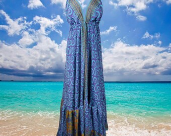 Bohemian Cocktail Party Dresses, Floral Print Dress, Recycle Sari Summer Dress for Women, Blue Print Beach Dress, Halter dress S/M