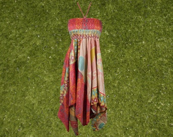 Women Summer Dresses, Sundress, Pink Handmade Boho Dress, Printed Uneven Hem Upcycled Silk Sari Boho Beach Halter Dress S/M