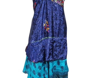 Womens Spaghetti Strap Dress, Blue Printed Vintage Recycled Silk Sari Long Saree Dresses, Summer Dress S/M