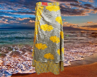 Women Long Silk Sari Skirt, Yellow Gray Floral Print Silk Sari Skirt, GIFT, Double Layer Magic Wrap Skirt, Handmade Sari Skirt One size