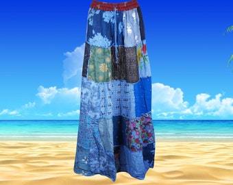 Patchwork Boho Maxi Skirt, Blue Women’s Patchwork Skirt, Summer Festival Beach Skirt, Handmade Skirts S/M/L