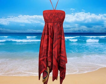 Women Sundress, Halter Dresses, Red Handmade Boho Dress, Printed Handkercheif Hem Uneven Upcycled Silk Sari Boho Beach Halter Dress S/M