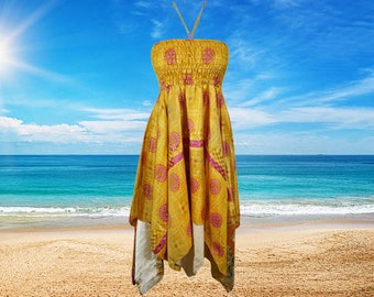 Womens Summer Travel Dresses, Boho Beach Dress, Halter Dresses, Printed Yellow Recycled Silk Dress, S/M