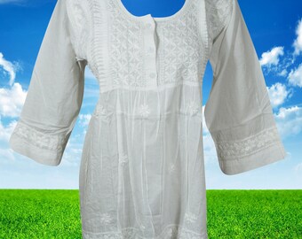 Womens White Cotton Tunic, Chikankari Embroidery Cotton Tunic, Handmade Blouse, Summer Tunic Bohemian Clothing, Front Button Style