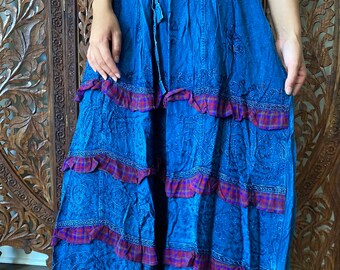 Women's Maxi Skirts, Blue Bohemian Tiered Skirts, Fall Summer Beach Casual Boho Long Skirt M