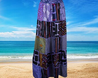 Womens Vintage Look Boho Patchwork skirt, Purple Black Maxi Hippie Skirt, Bhemian Festival Gypsy Long skirt S/M/L