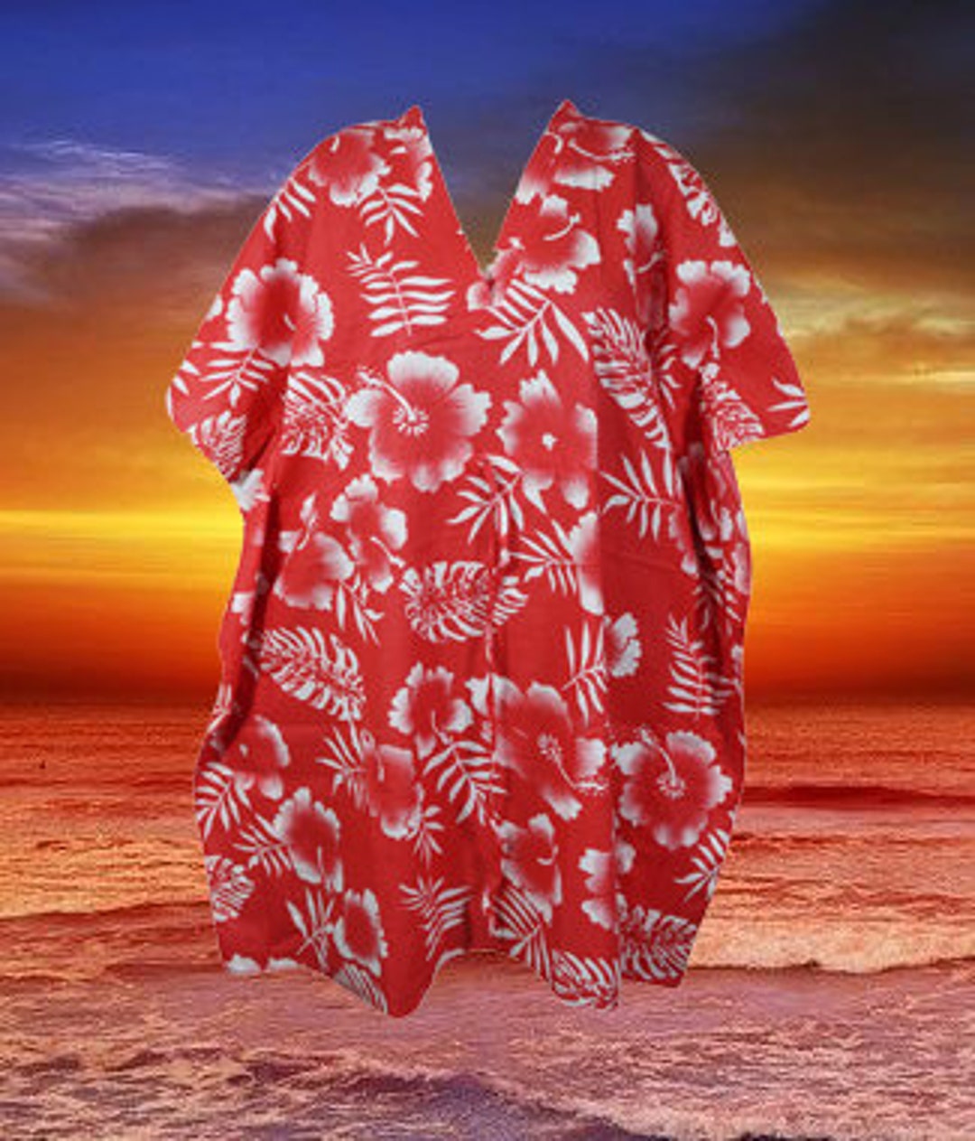 Boho Kaftan Dress, Red, Floral, Summer Kaftan, Cotton Dress, Kimono Kaftan, Handmade, Women's