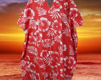 Travel Kaftan Dress, Red Floral Summer Kaftan Cotton Dress, Loose holiday resort dresses , Handmade women's Short Cruise Kaftan Dresses S/M