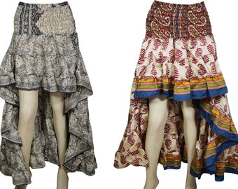 Womens 2pc Hi Low Skirt Recycled Vintage Sari Gypsy Fashion Ruffle Flirty Flare Summer Skirts S/M
