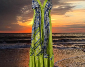Maxi Beach Dress, Recycle Silk Dress, Green Blue Floral Print Boho Swing Dress, Travel Maxi dress, Beach Dresses ML