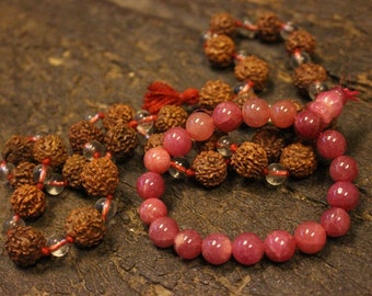 Sphatik Rudraksha Shiva Shakti Yoga Mala Beads, Yoga Necklaces, Pink Jade Stretch Handmade Beads Bracelet
