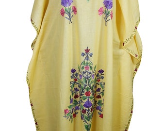 Groovy Summer Celebration Boho Yellow Cotton Kaftan Kimono Sleeves Beautiful Floral Embroidered Stylish Lounge Maxi Caftan ONE SIZE