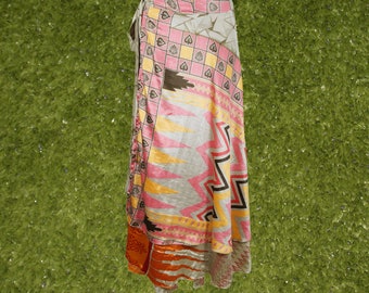 Wrap Long Skirt, Pink Printed Silk sari wrap skirt, Beach Skirt, Reversible saree skirt, one size silk wrap skirt with tie