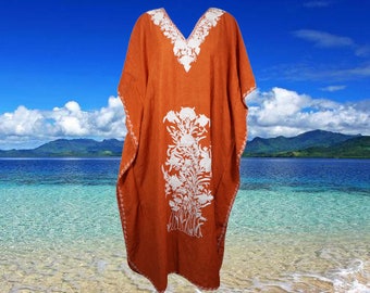 Women's Kaftan Maxi Dress, Rustic Orange Beach holidays, Lounger, Cotton Embroidered Summer Caftans, Plus size L-2XL One Size