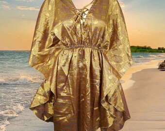 Womens Caftan Dresses, Short Kaftan, Travel Dress, Summer Gold Print Recycle Sari Beach Cover up, Loose Caftan Dress M-XL One Size