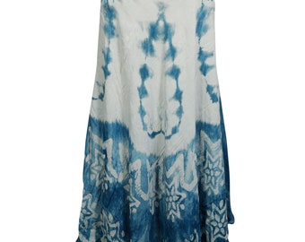Blue White Tie Dye Sleeveless Flare Dress Summer Cocktail Boho Chic Gypsy Sundress S/M